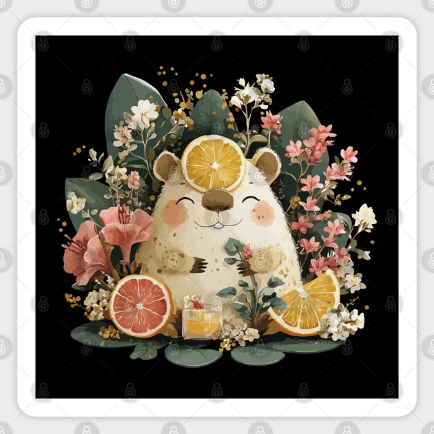 Chill Capybara with an Orange Slice - Whimsical Animal Folk Art Sticker by TuncGK